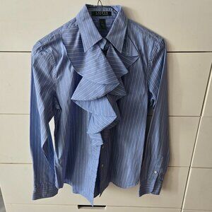Ralph Lauren Blue Pin Stripe Cotton Stretch Jabot Blouse